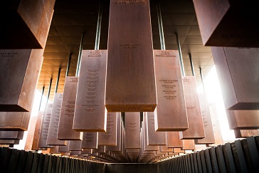 An interior view of the new National Memorial for Peace and Justice, conceived by EJI to create a "sober, meaningful site where people can gather and reflect on America’s history of racial inequality."
